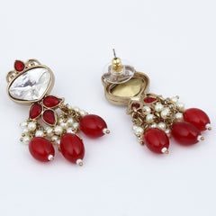 Gold plated Kundan & Pearl drop Earrings- Red