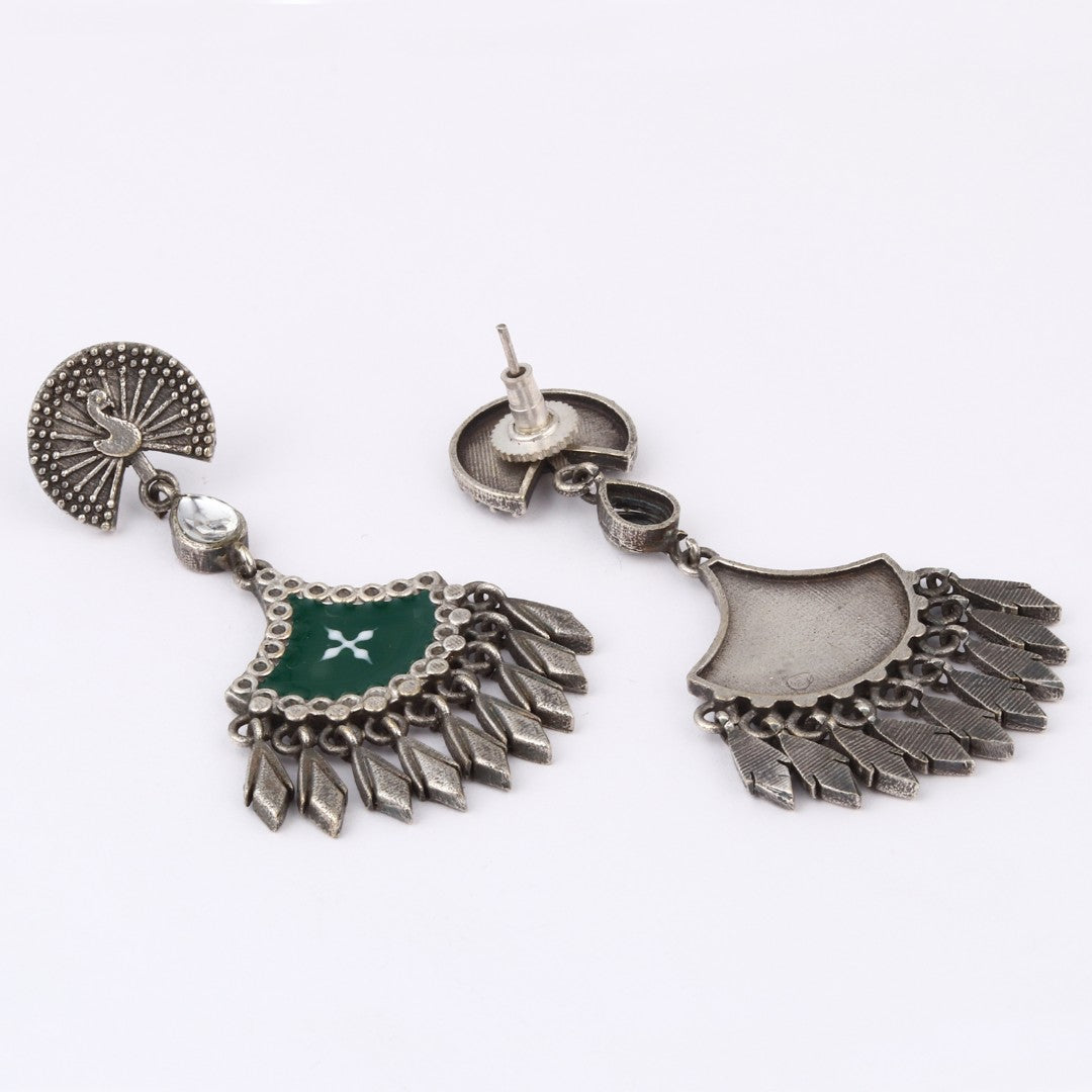 Silver Oxidised finish Green hand painted drop earring