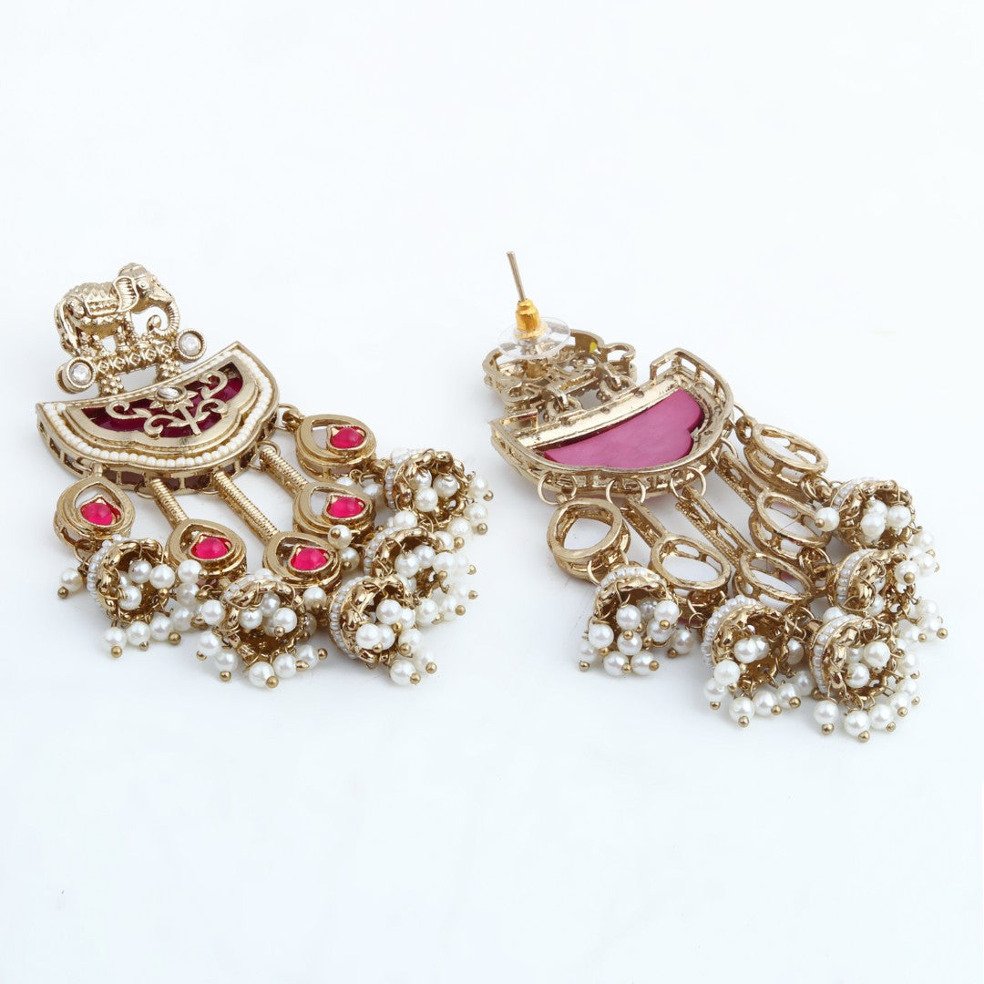 Gold-Toned MOP Chandelier Earrings with Jhumka Drops Pink