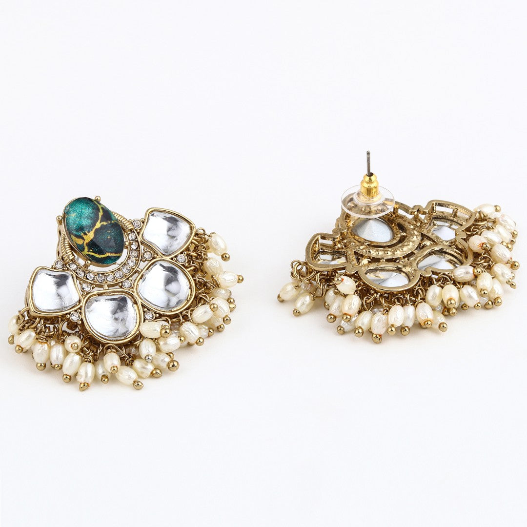 Gold-Plated Green Kundan Half Chandbali Earrings