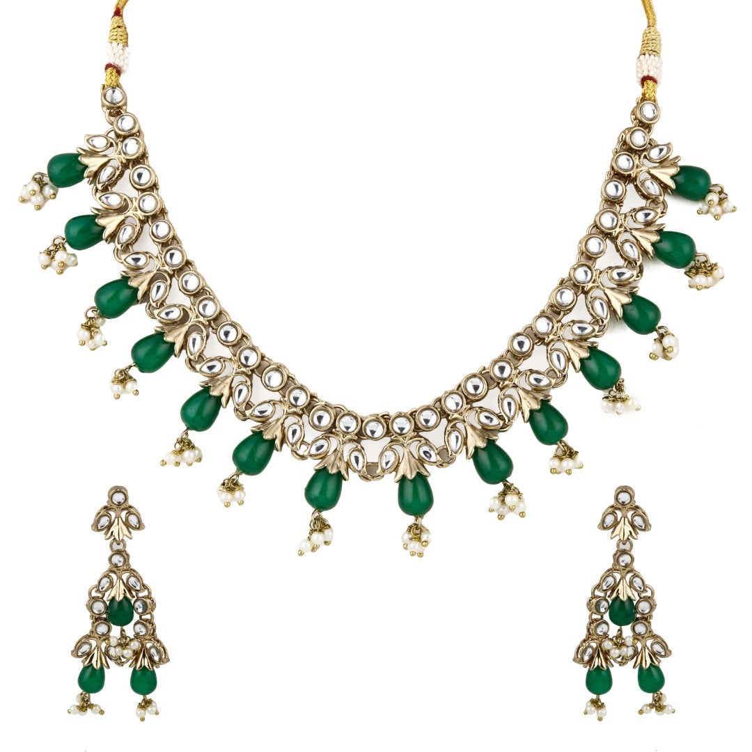 Kundan Necklace set  with Green pearl drops