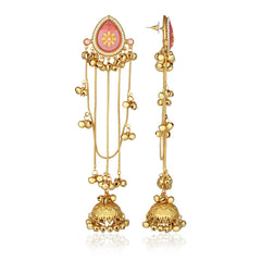 Gold Pink Meenakari Jhumka Drop Earrings