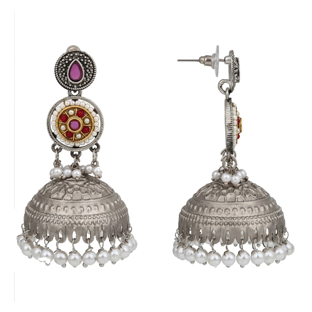 Silver plated long Jhumka - Red