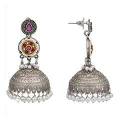 Silver plated long Jhumka - Red