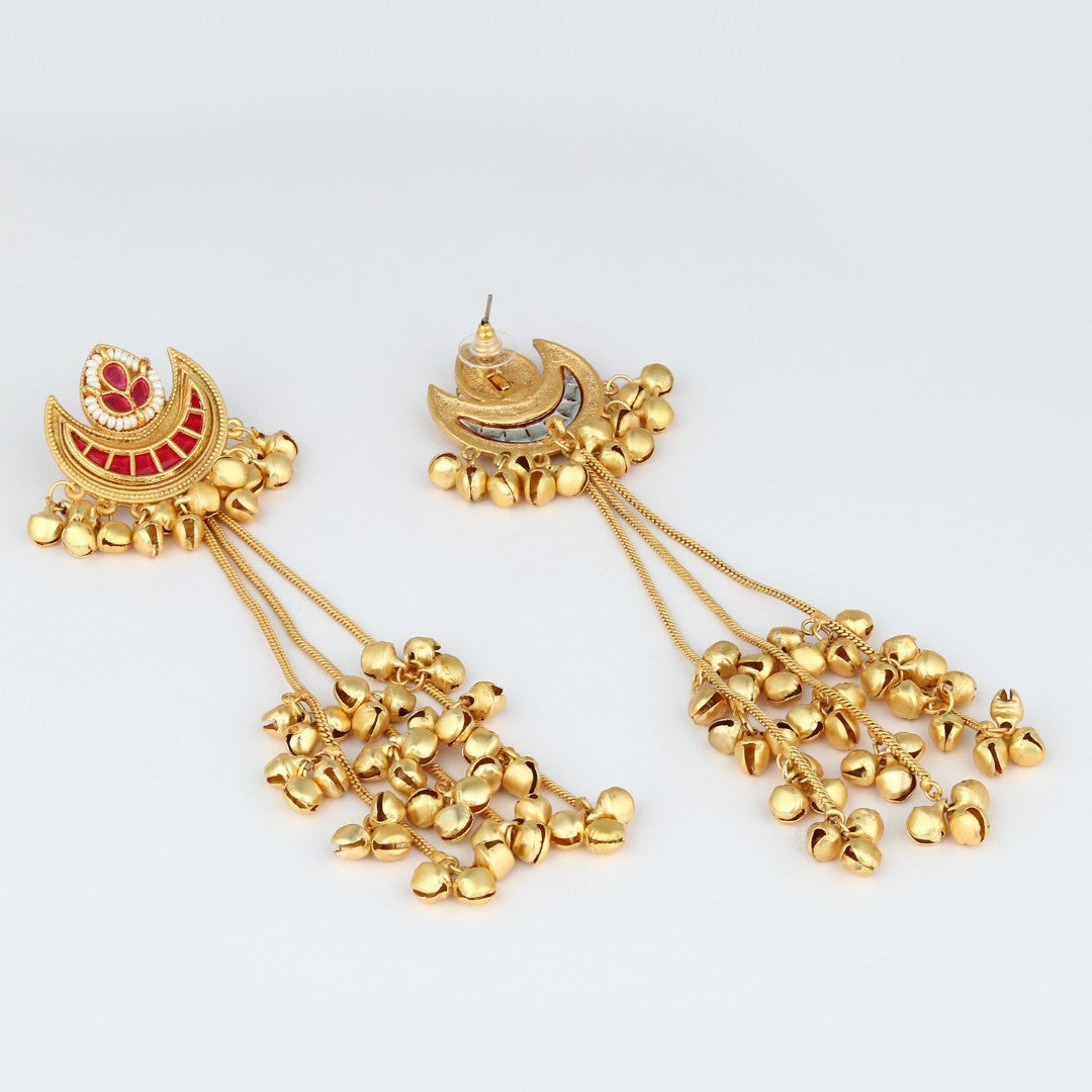 Red Enamel Crescent Moon Jhumka Earrings