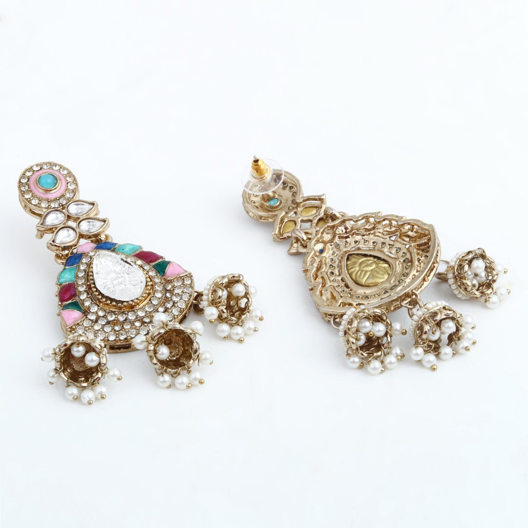 Kundan Chandbali Earrings with Jhumka Drops