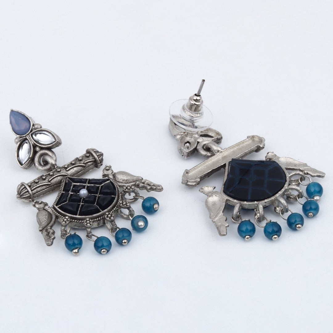 Silver plated bird drop earring - Blue