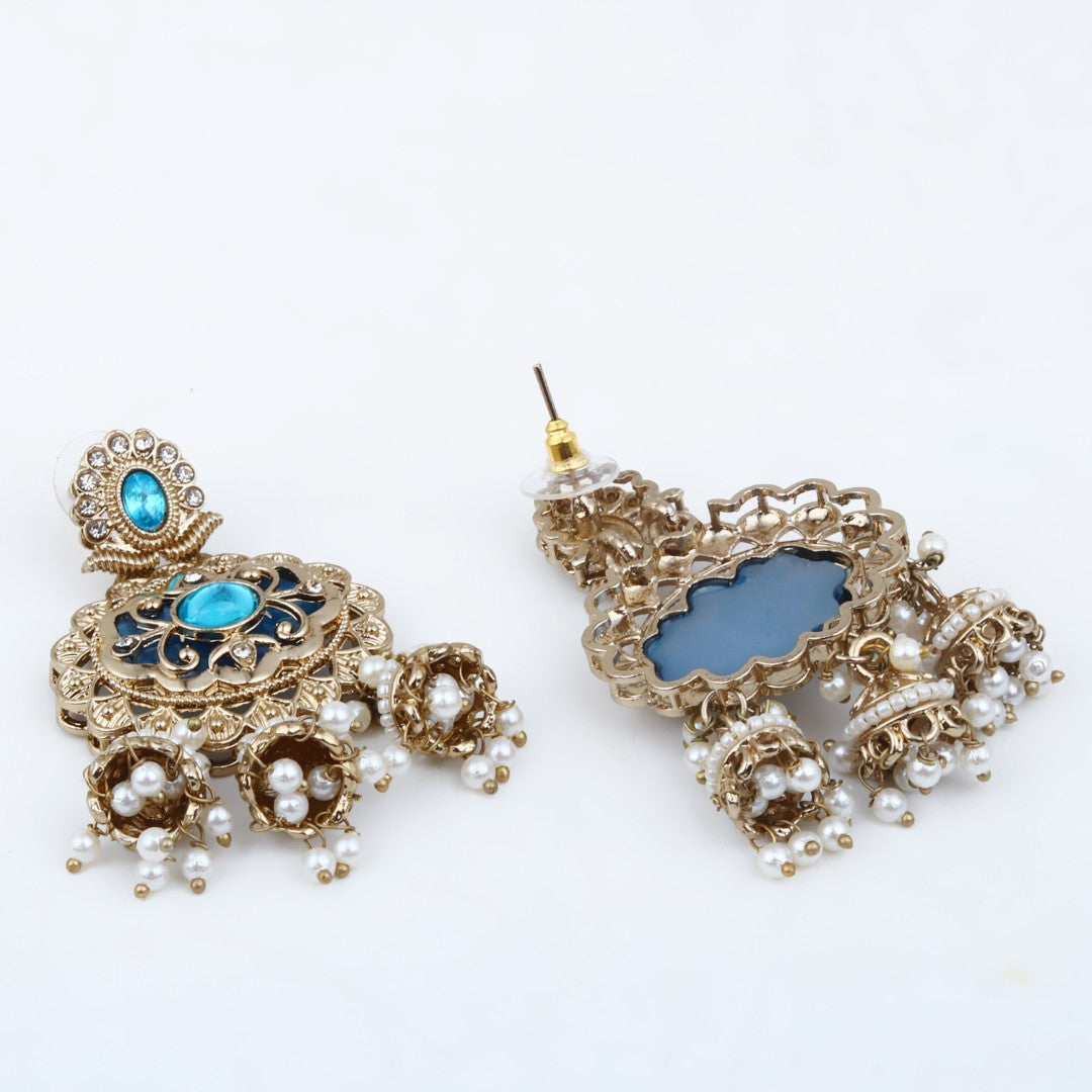 Gold-Toned Kundan Chandelier Earrings with Turquoise Stones