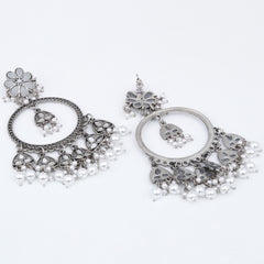 Oxidised Silver Floral Chandbali Earrings