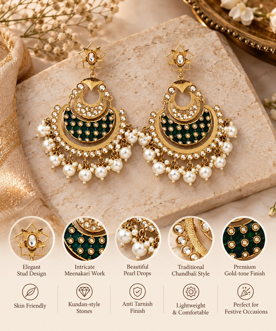 Aadhya Green Meenakari Chandbali Earrings