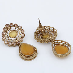 Gold plated Flower Stud with tear drop earring - Yellow