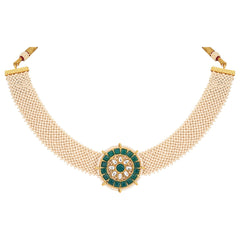 Elegant Kundan Choker Necklace Set with Pearl Mesh Strap Green