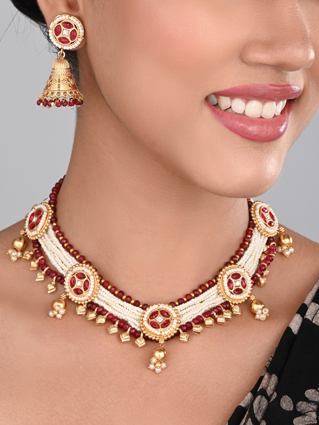 Gold plated, Brass Necklace & Earring Set - Red