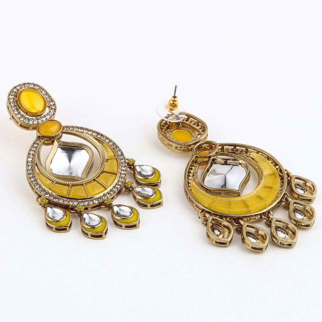 Kundan Chandbali Earrings with Teardrop Danglers- Yellow