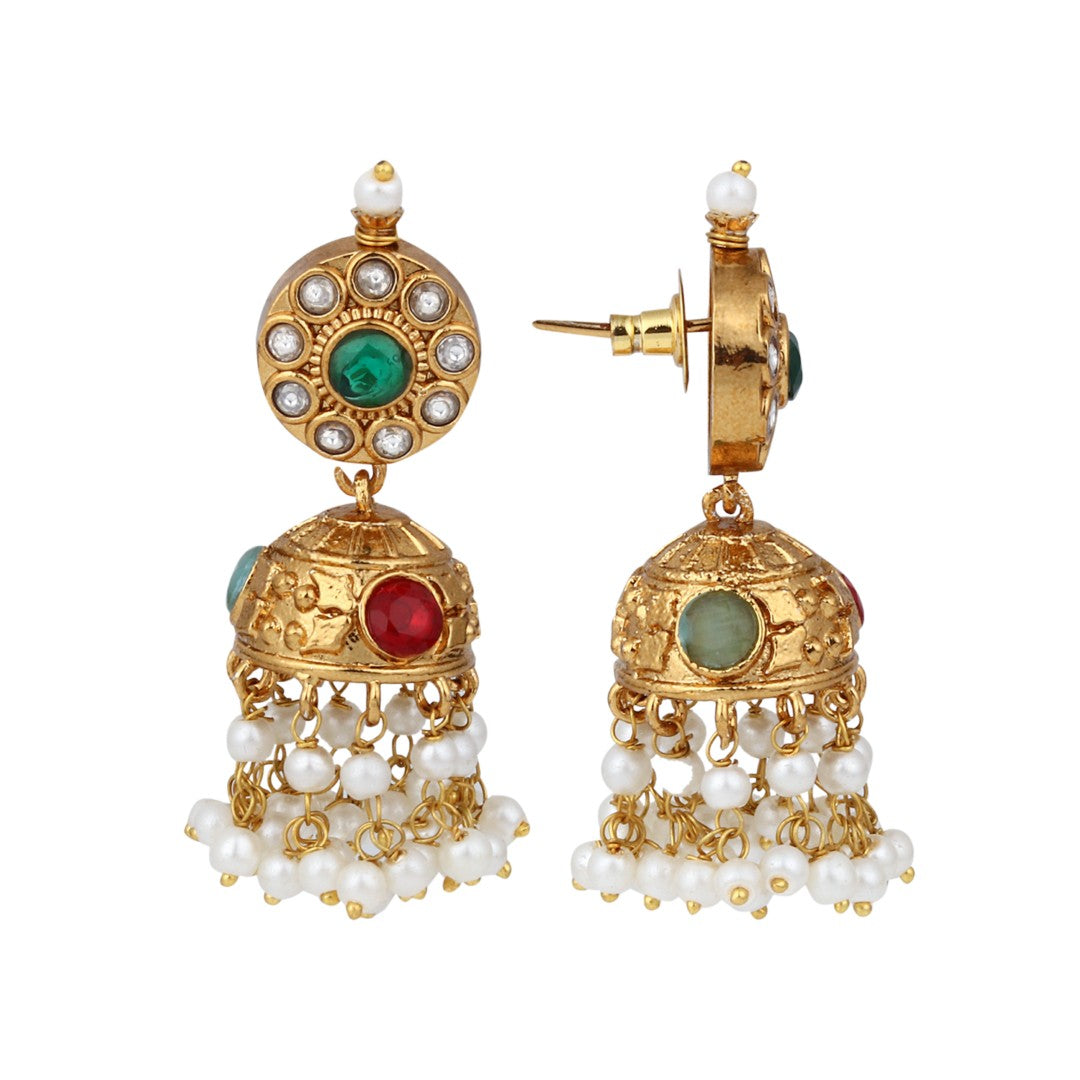 Gold-Plated Kemp Stone Necklace Set with Jhumka Earrings Multi
