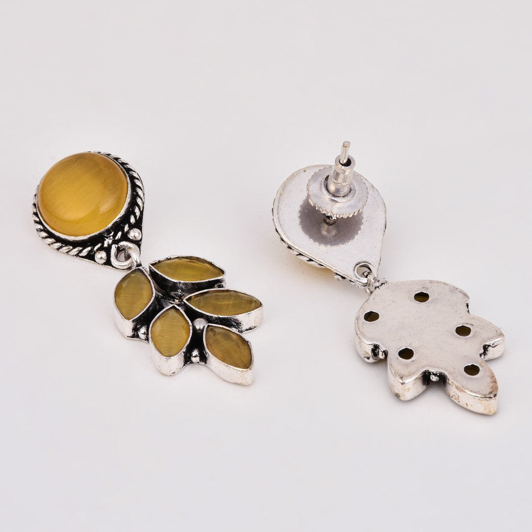 Silver Oxydised finish Yellow stone work drop earring
