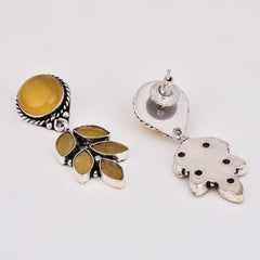 Silver Oxydised finish Yellow stone work drop earring