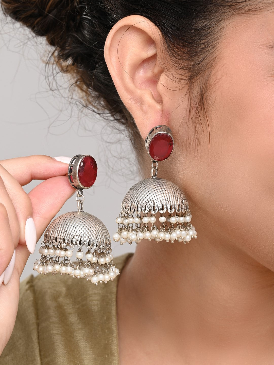 Elegant Silver Oxidised Red Stone Jhumka
