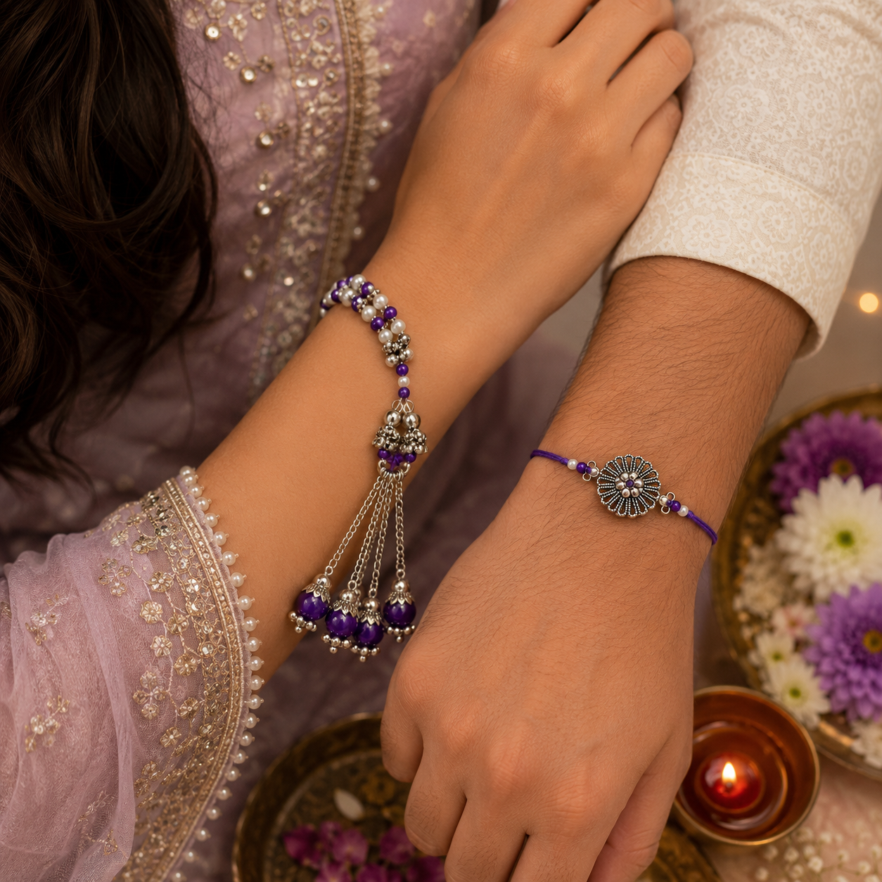Bhaiya Bhabhi Rakhi Set – Beaded Bracelet Lumba & Floral Designer Rakhi Combo