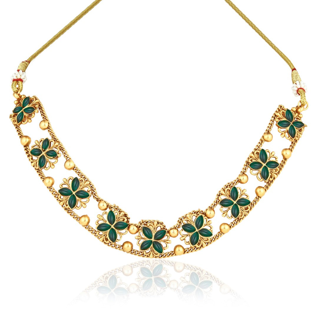 Gold plated floral Necklace set - Green