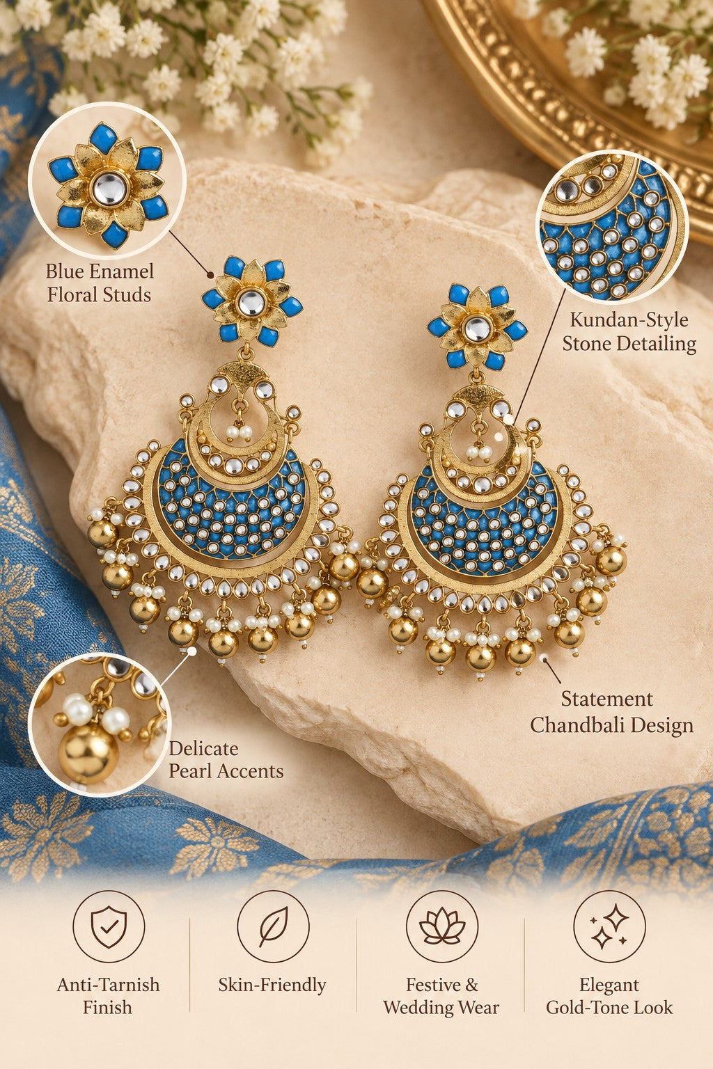 Meher Blue Meenakari Chandbali Earrings