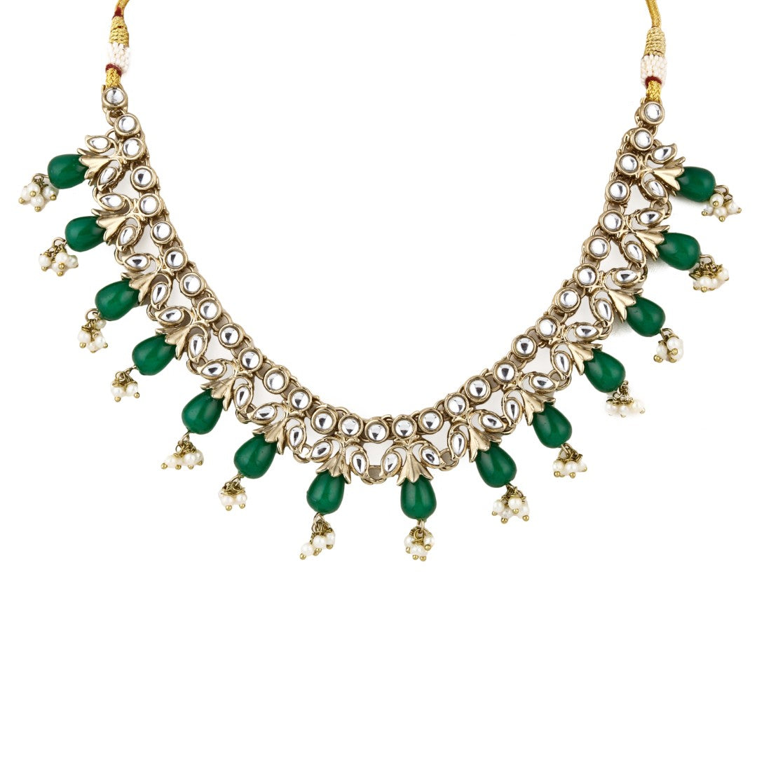 Kundan Necklace set  with Green pearl drops