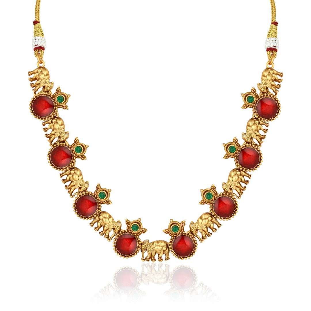 Gold plated Meenakari & Elephant Motif Necklace set - Red