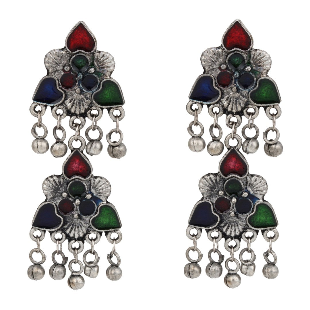 Silver Oxidised Finish Meenakari Necklace Set