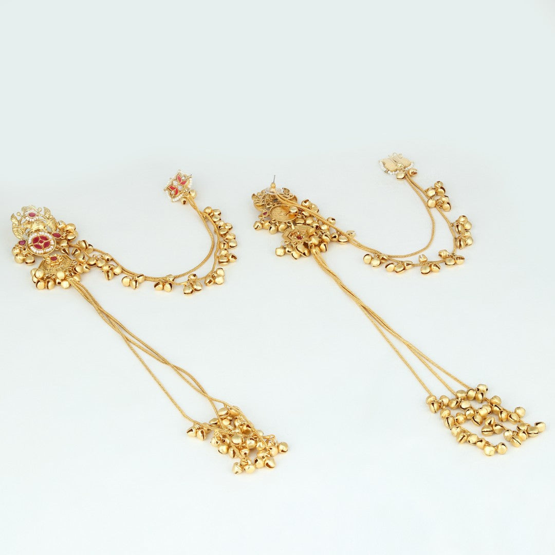 Gold-Tone Kundan Red Stone Kashmiri Long Chain Earrings