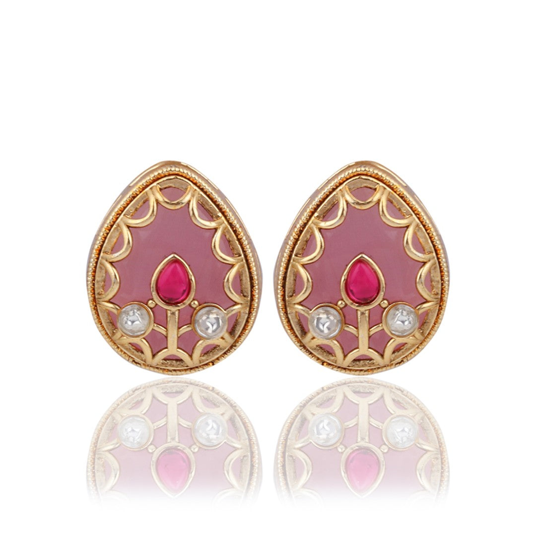 Tear drop Stone Kundan Pendant Necklace & Stud Earrings Set Pink