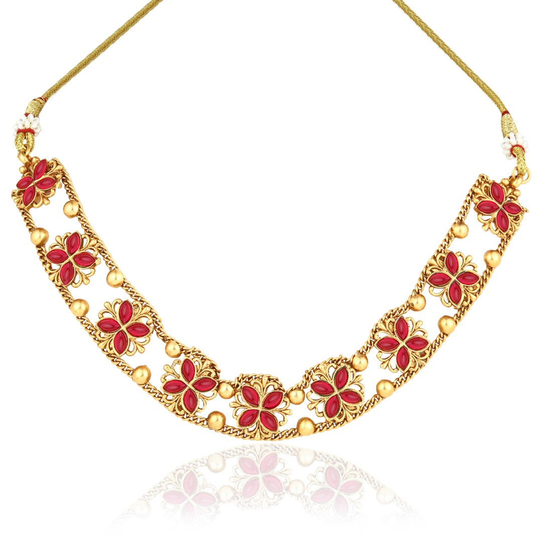 Gold plated floral Necklace set - Red