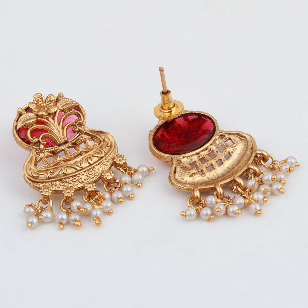 Antique Gold Layered Kundan Necklace Set with drop Earrings Red