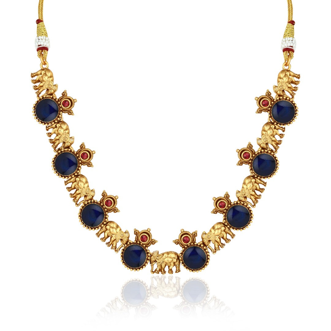 Gold plated Meenakari & Elephant Motif Necklace set - Blue