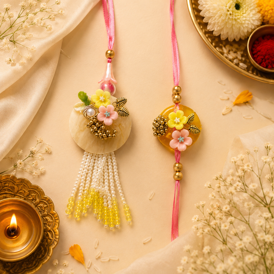 Floral Bhaiya Bhabhi Rakhi Set – Pastel Blossom Lumba & Designer Rakhi Combo