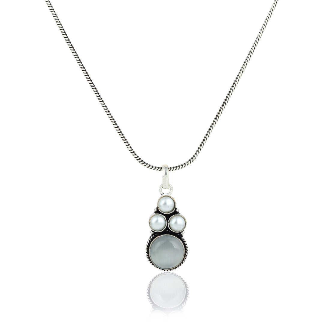 Silver Oxidised finish Pearl & Stone  pendant Set White