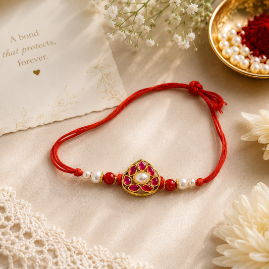 Ruby Kundan Pearl Rakhi – Traditional Handmade Raksha Bandhan Thread