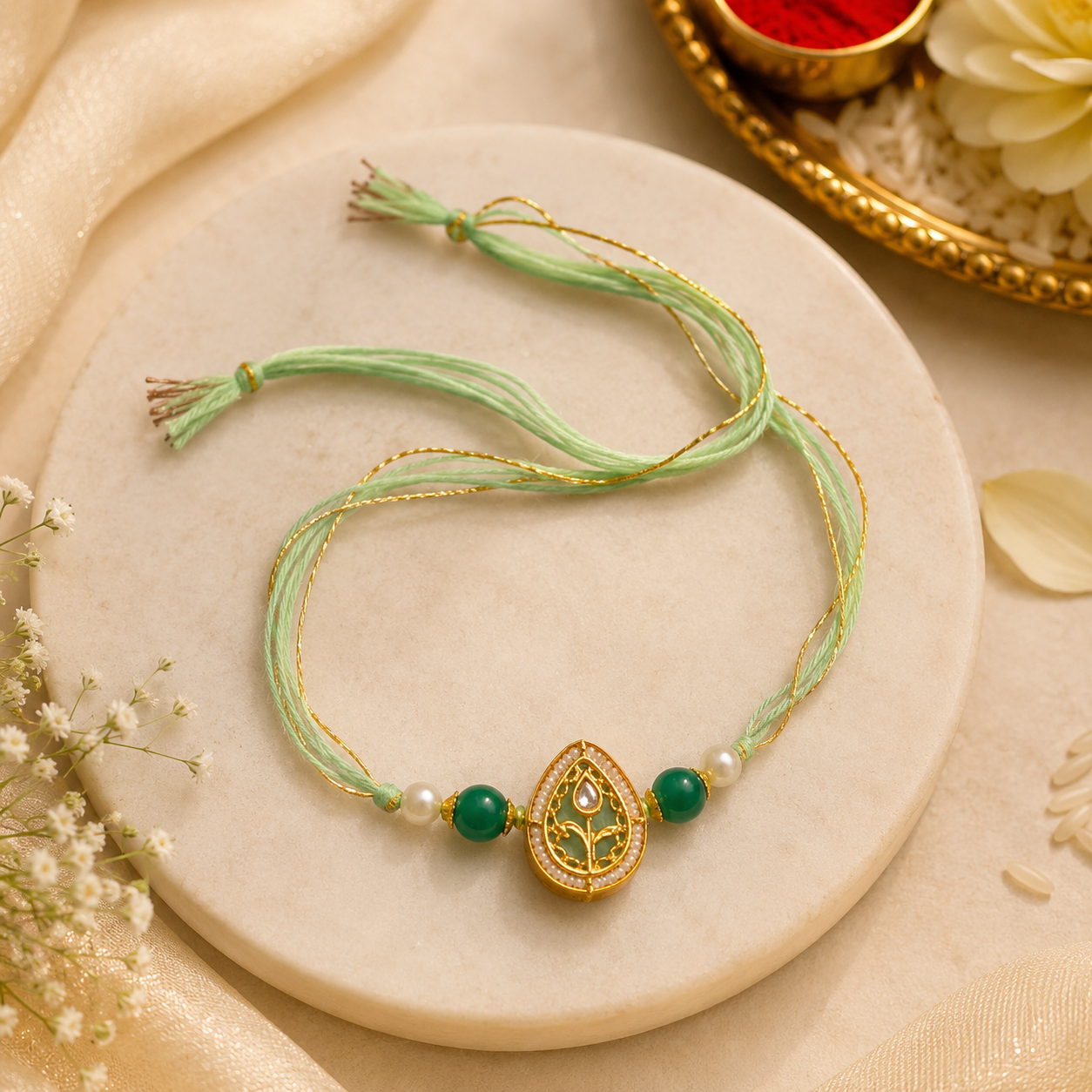 Mint Green Bhaiya Bhabhi Rakhi Set – Pearl Bracelet & Designer Rakhi Combo