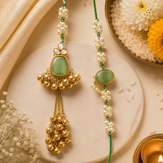 Green Stone Bhaiya Bhabhi Rakhi Set with Pearl Floral Thread & Golden Ghungroo Tassels