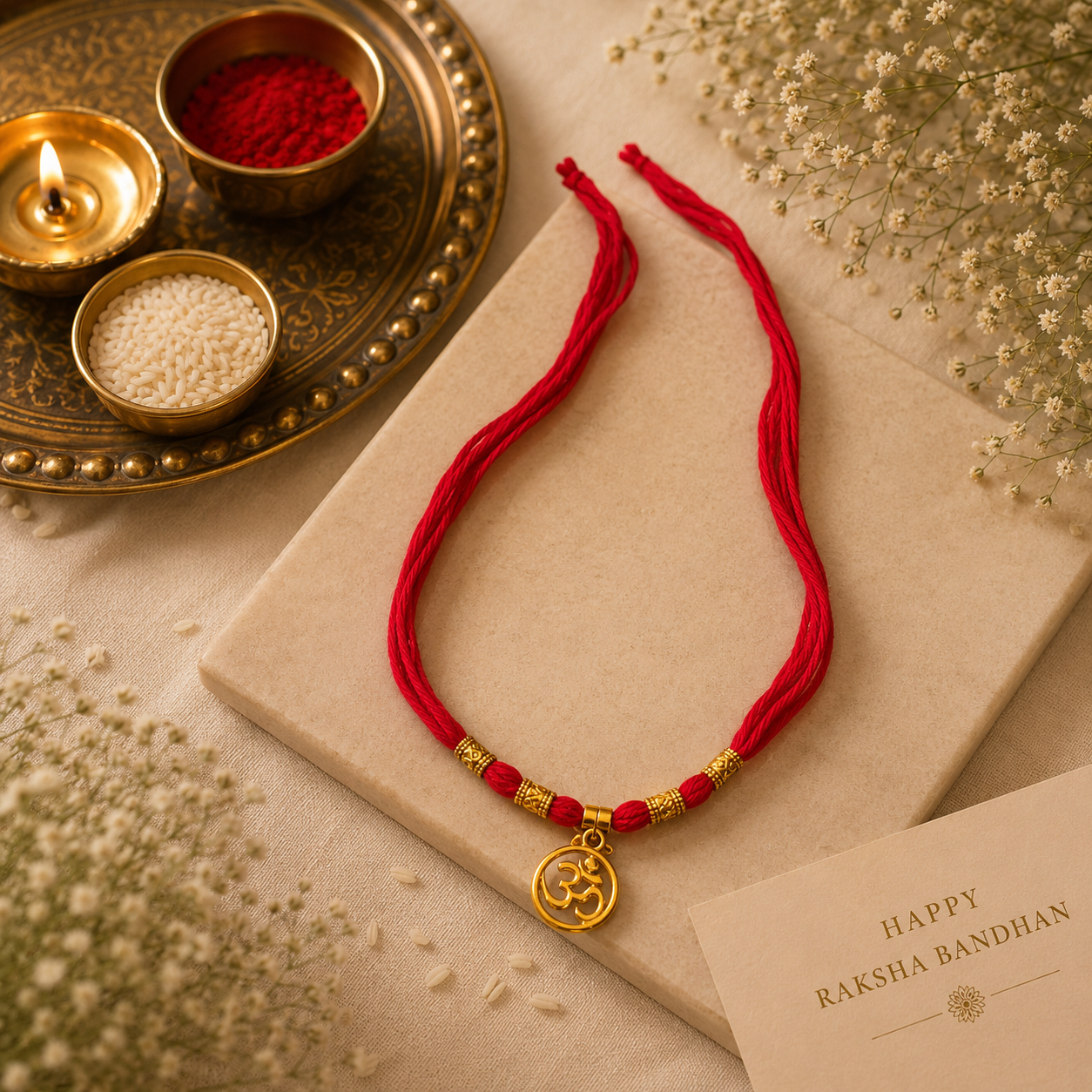 Sacred Trio Rakhi Set – Floral Bead, Om Charm & Traditional Thread Rakhi Collection(Set of 3)