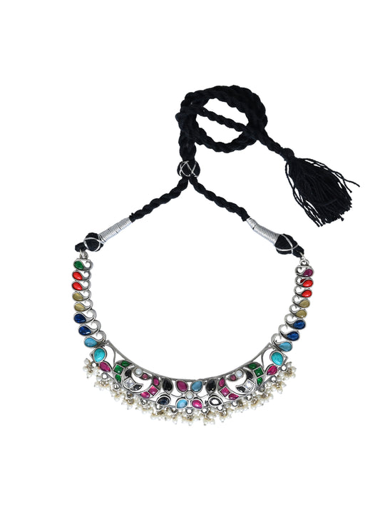 Silver Oxydised choker Set with Multi coloured stone