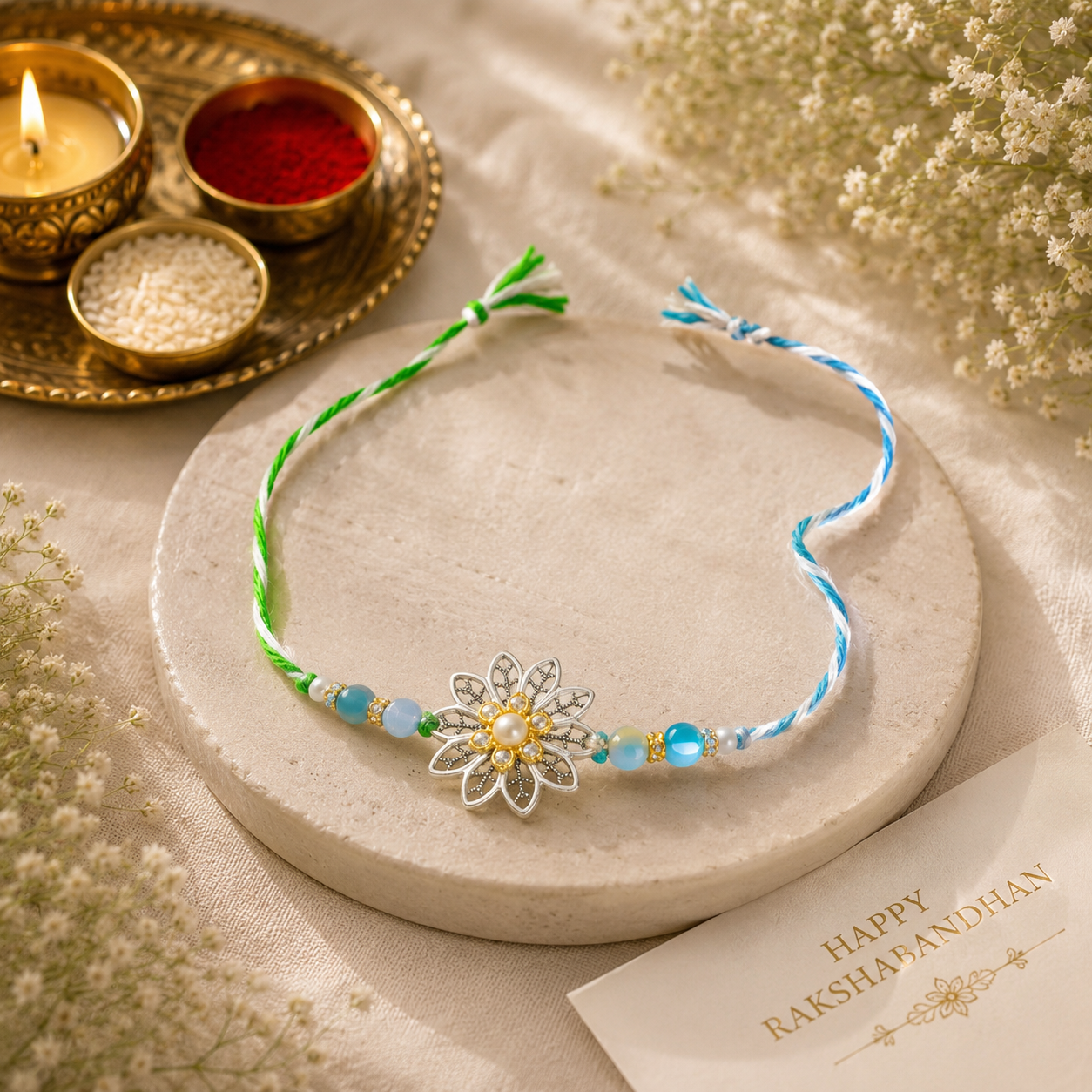 Designer Rakhi Set of 2 – Jade Resin & Floral Charm Handcrafted Rakhis