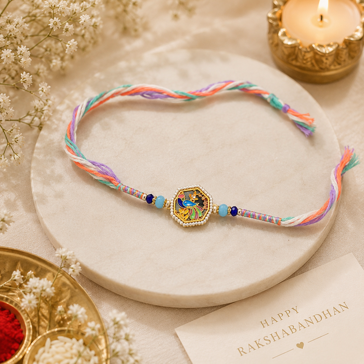 Peacock Enamel & Kundan Stone Rakhi Combo
