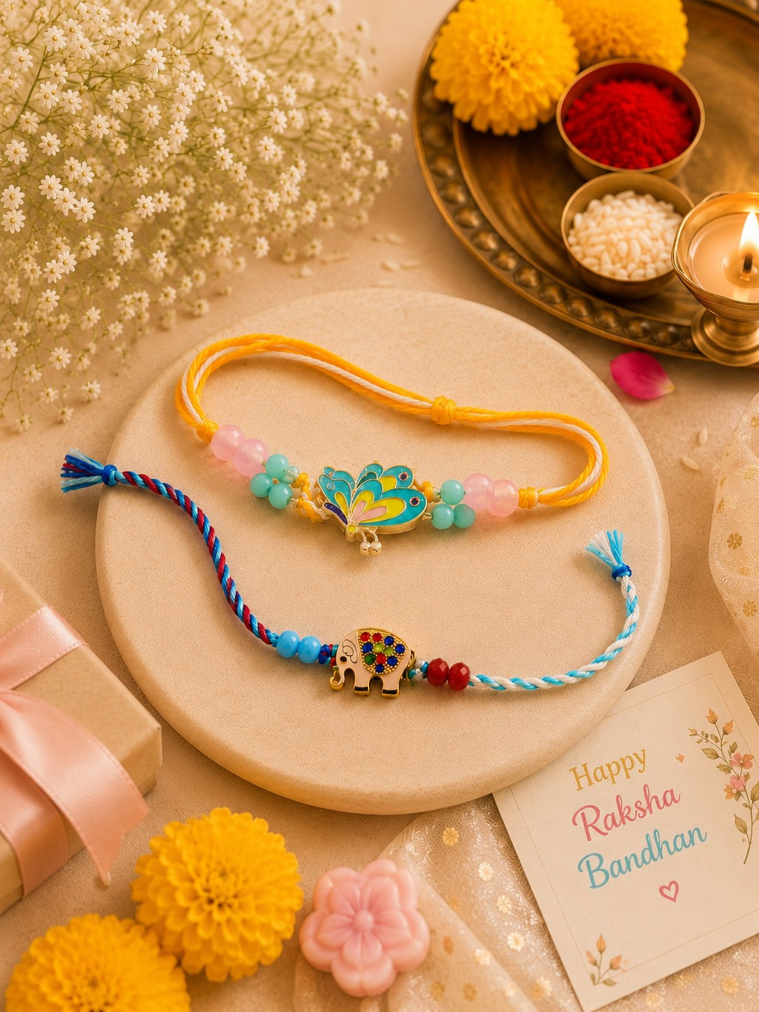 Butterfly & Elephant Kids Rakhi Set