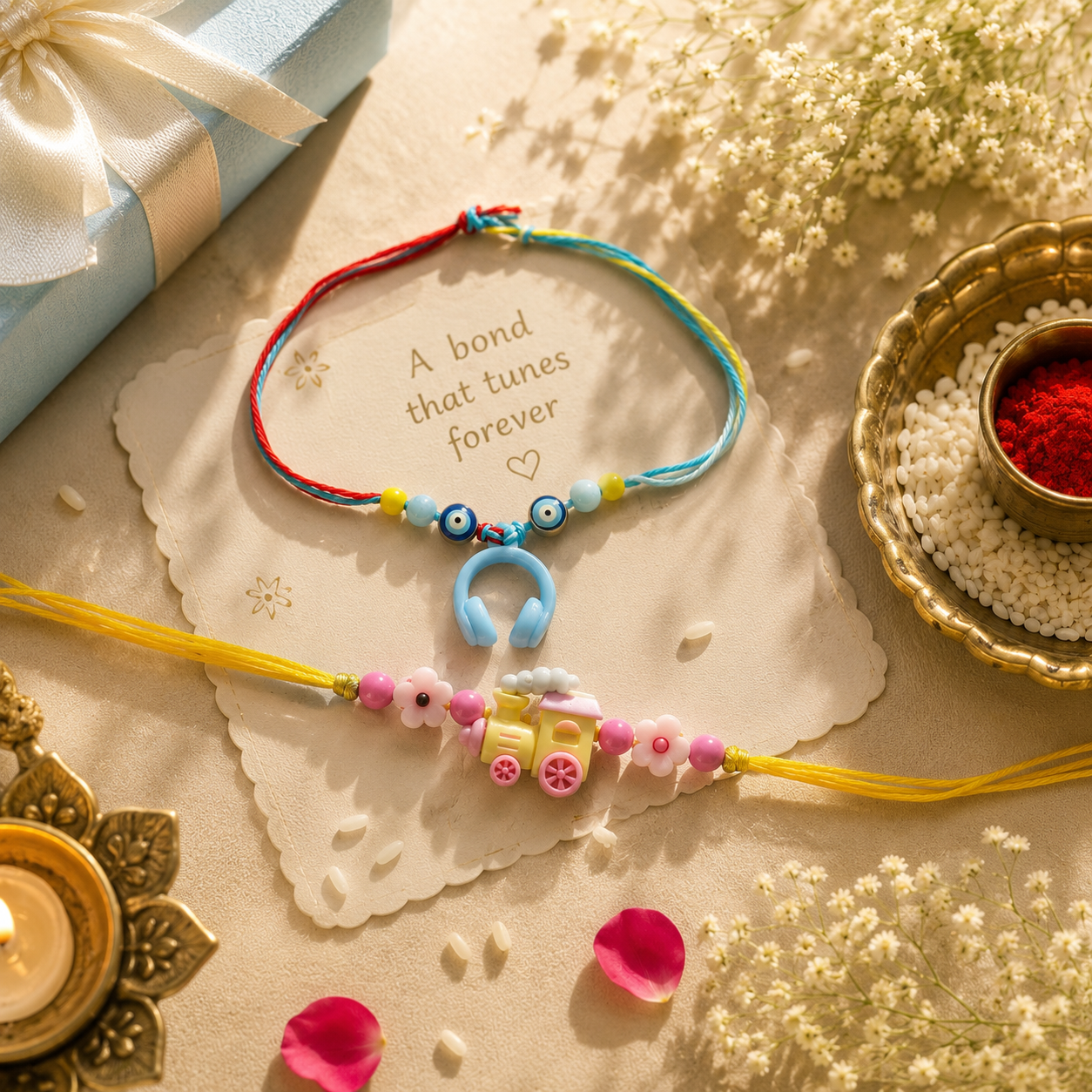 Set of 2 Kids Rakhi Combo – Headphone Evil Eye Rakhi & Cute Toy Train Rakhi
