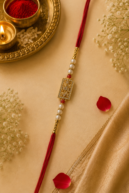 Premium CZ Rakhi with Pearl Beads & Gold-Tone Rectangle Charm