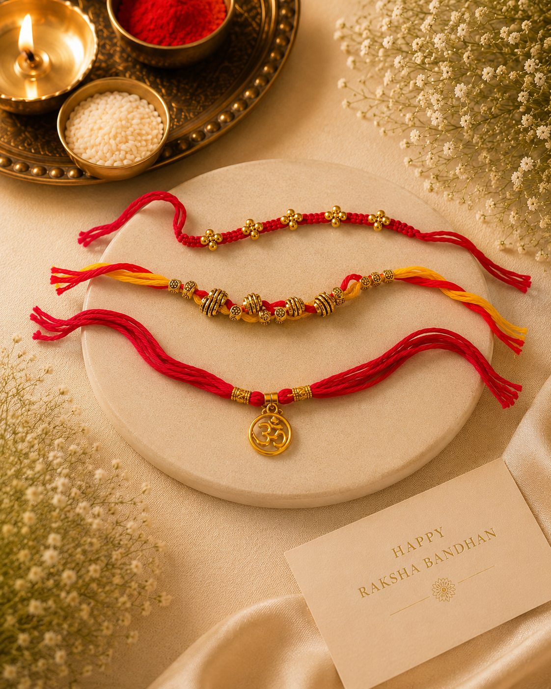 Sacred Trio Rakhi Set – Floral Bead, Om Charm & Traditional Thread Rakhi Collection(Set of 3)