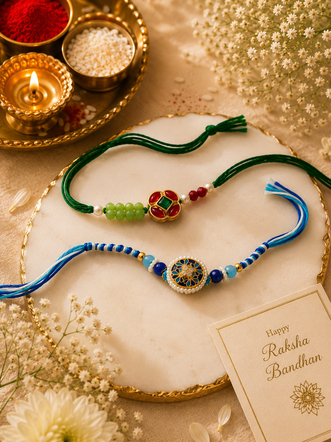 Blue Floral & Green Kundan Rakhi Combo