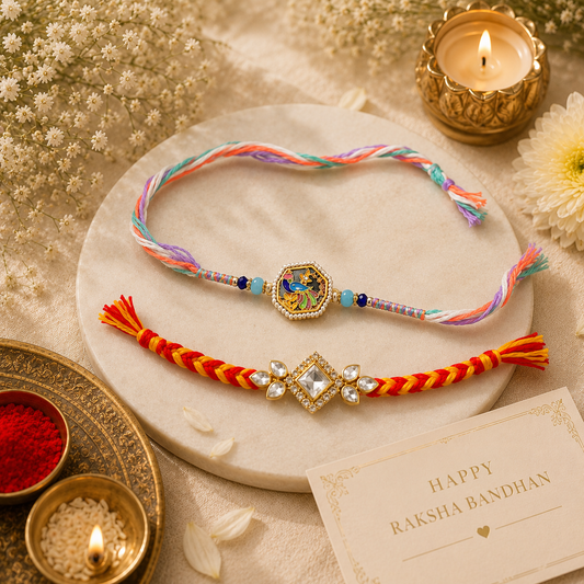 Peacock Enamel & Kundan Stone Rakhi Combo