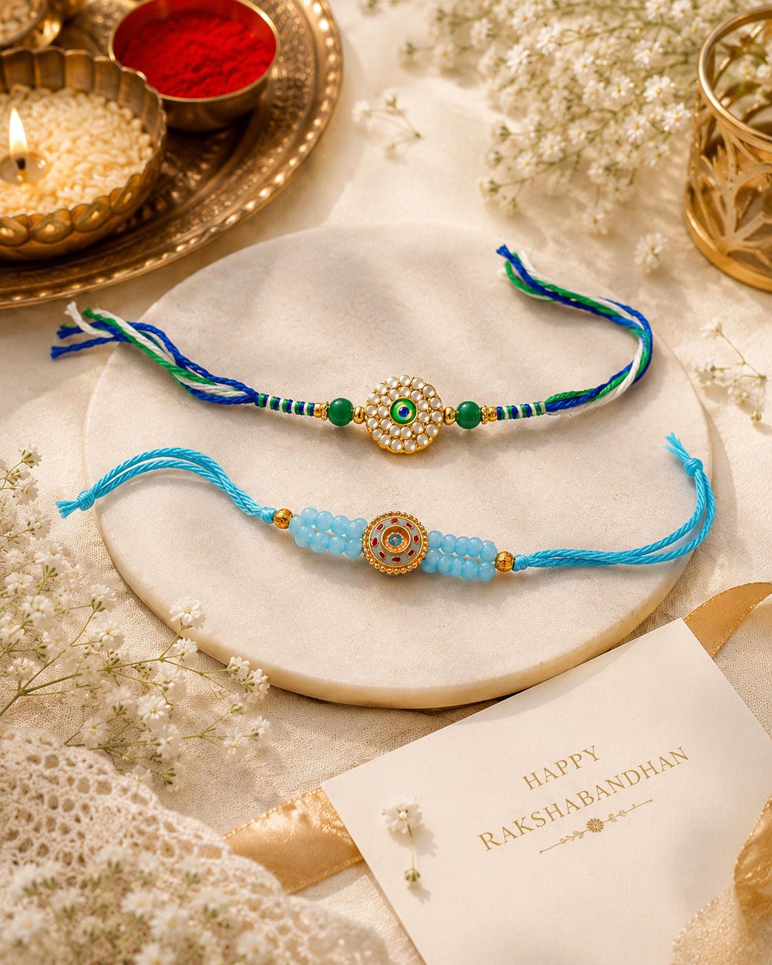 Designer Evil Eye & Sky Blue Beaded Rakhi Set of 2