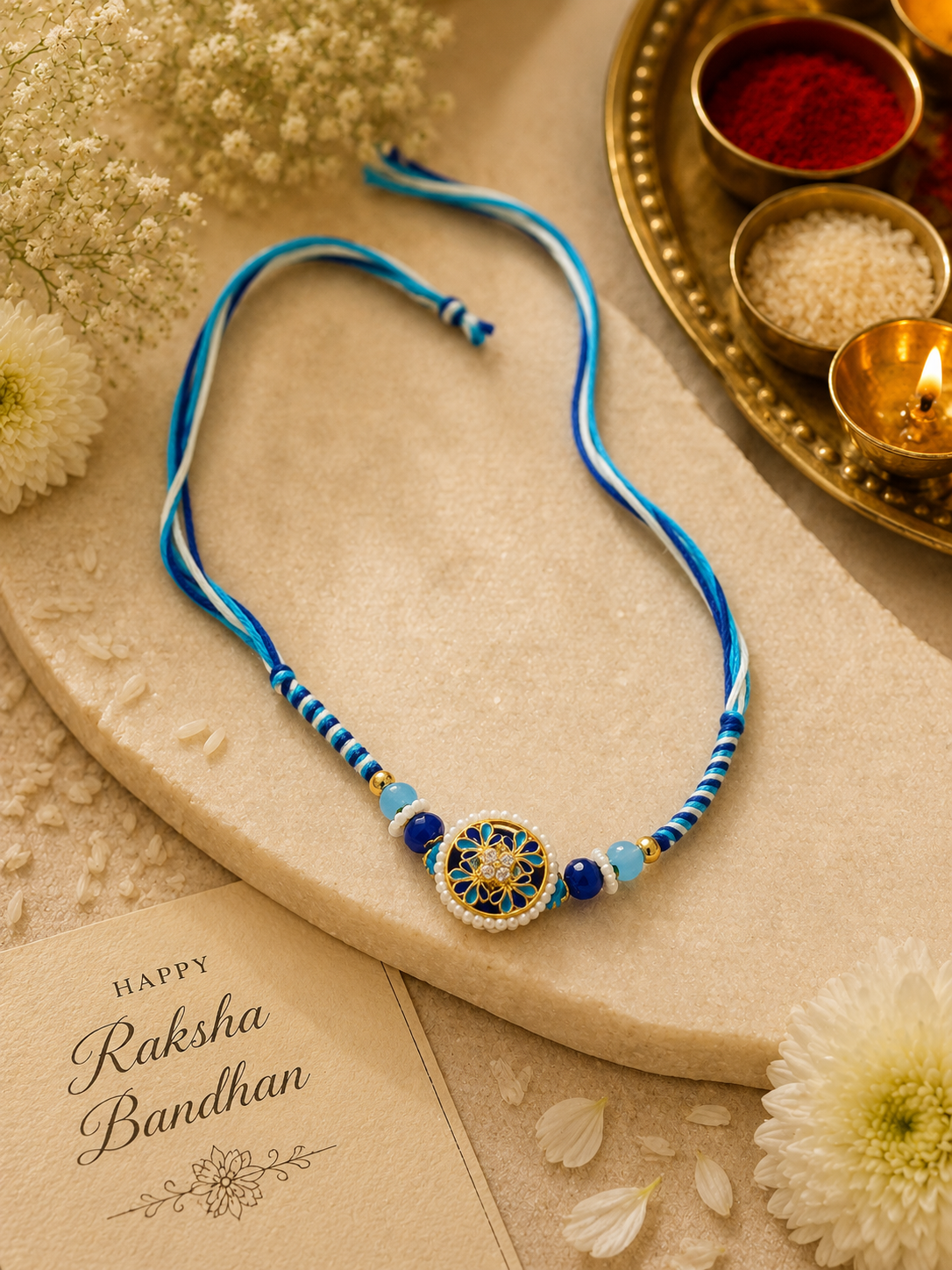 Blue Floral & Green Kundan Rakhi Combo